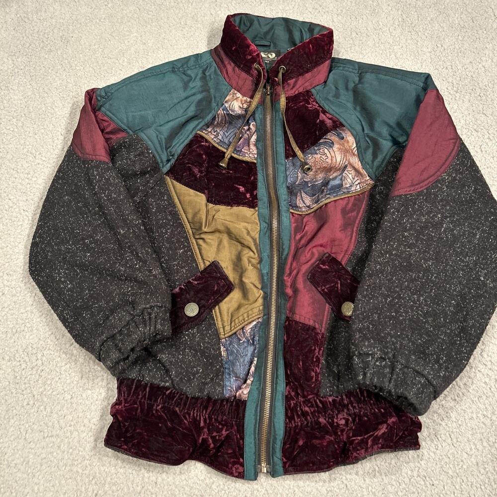 Vintage 90s ELCO Patchwork Jacket Womens 12 Velvet Tapestry Colorblock Boho Coat